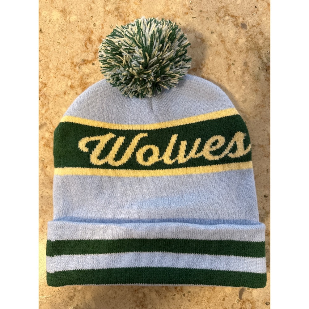 Wolves Knit Beanie Hat Light Blue Green Yellow Pom Pom Cuffed Winter Cap